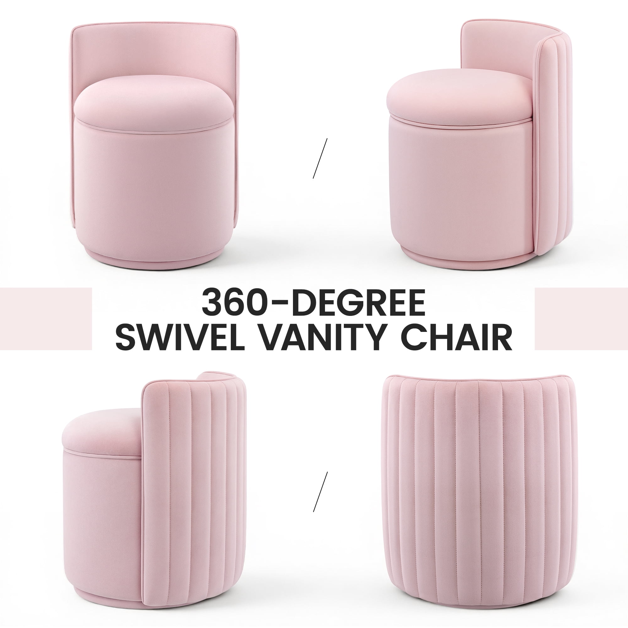 COOLHUT Vanity Chair, Upholstered Vanity Stool with Storage, Velvet Swivel Accent Chair, No Assembly Small Accent Stool, Makeup Chair for Bedroom, Living Room and Dressing Area, Pink