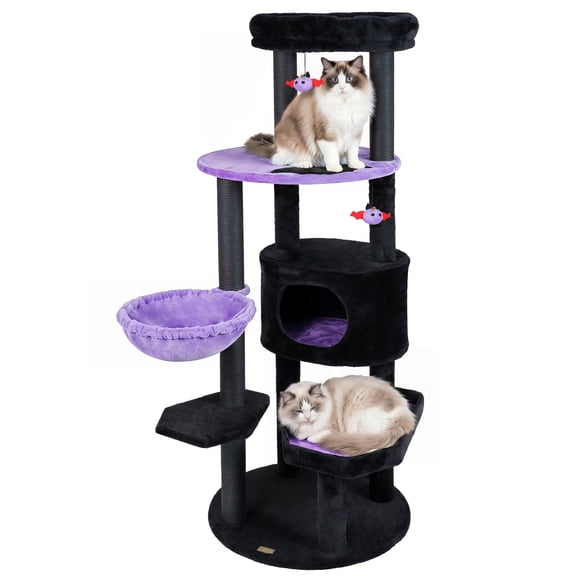 Gymax Gothic Cat Tree for Indoor Cats 60'' Cat Tower w/Plush Perch Condo Hammock Purple & Black