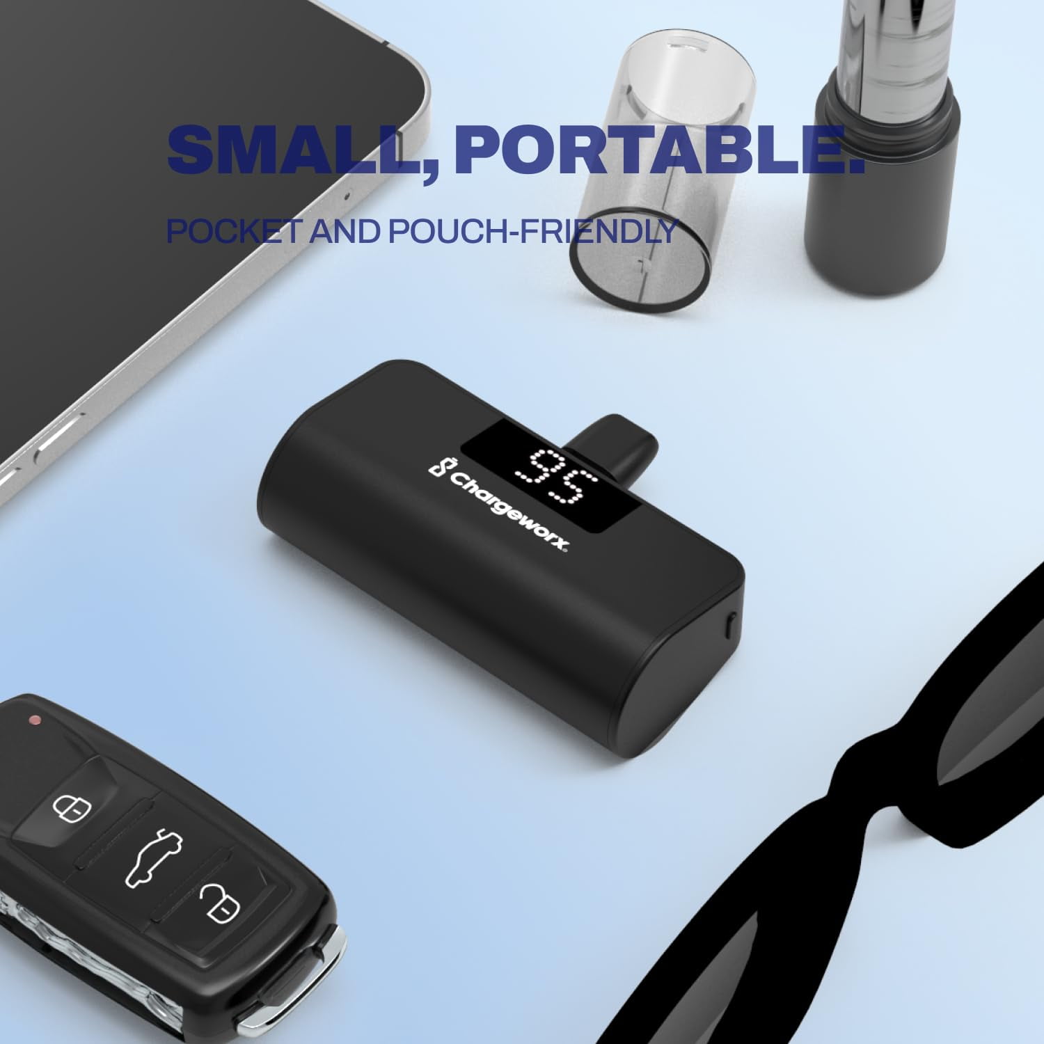CHARGEWORX Mini Portable Charger Power Bank with Built-in USB-C Connector, LCD Display for Battery, 5000mAh, Fast Charging, Small & Compact Design