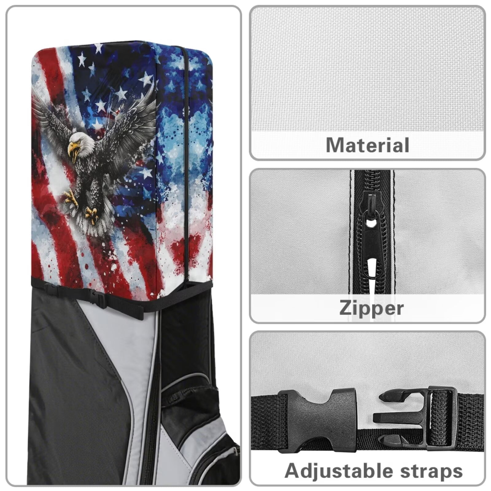 Chririnla Bald Eagle Rain Cape for Golf Bag Waterproof Dust Cover American Flag Golf Club Bags Rain Hood with Adjustable Straps Lightweight Protect from Rain Dust and Sun