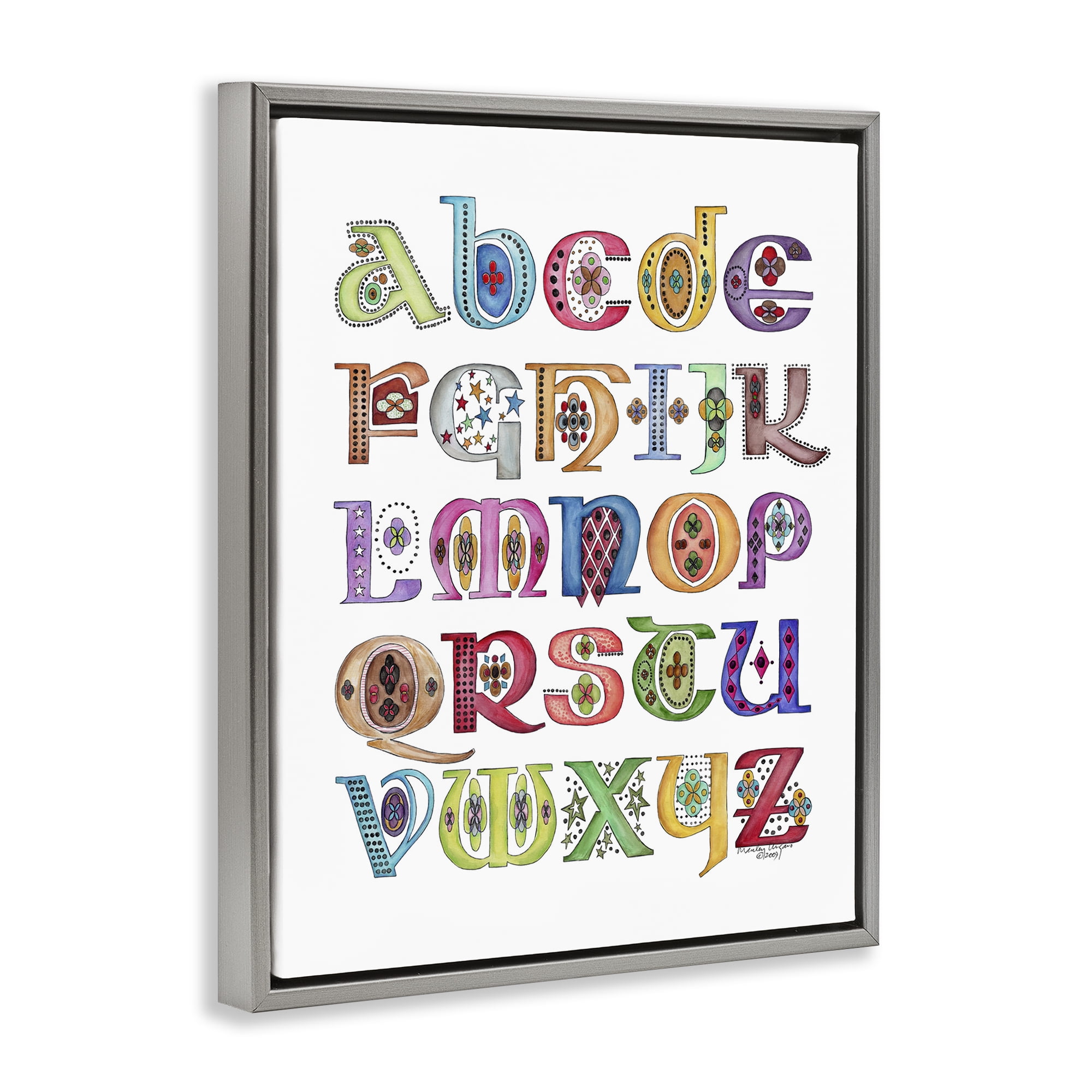 Stupell Industries Boho Whimsical Alphabet Novelty Painting Gray Floater Framed Art Print Wall Art, 25 x 31