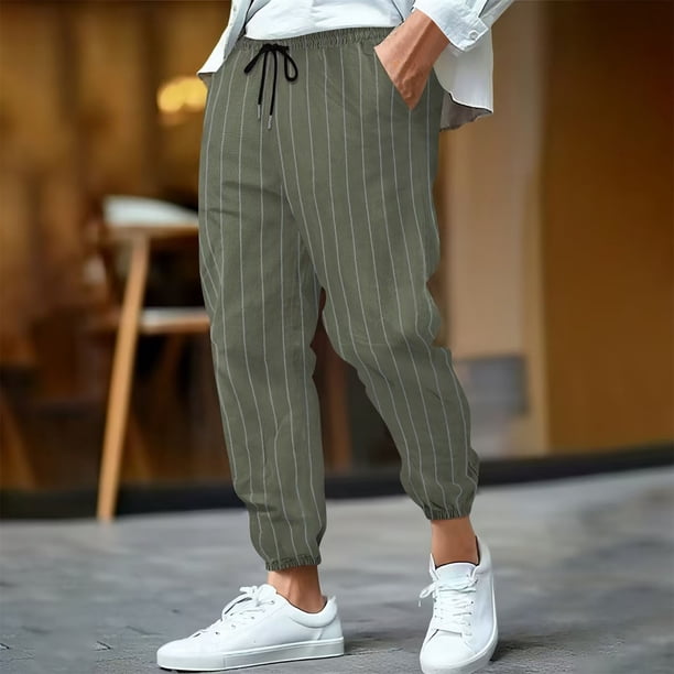 Pantalones largos para hombre, informales, a rayas, estampados, cintura elástica, cordón ajustable, bolsillo transpirable, pantalones tobilleros de poliéster para hombre.