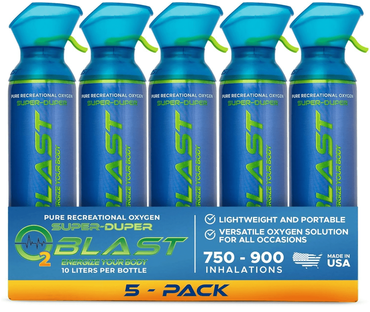 O2 Blast“ Pure Oxygen for Energy, Recovery & Performance - 10-Liter Can with Custom Breathing Mask, Pack of 5