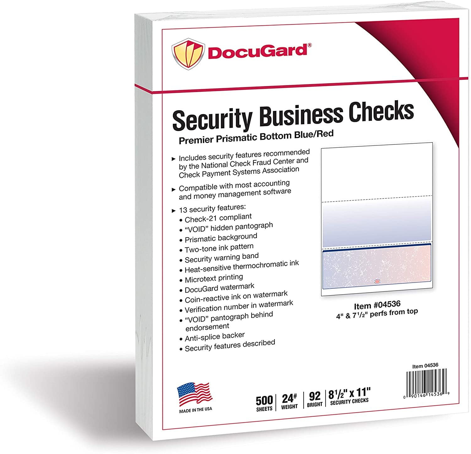DocuGard Blue/Red Prismatic Bottom Check, 8.5 x 11 Inches, 24 lb, 500 Sheets, 1 Check Per Sheet 04536