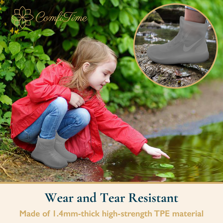 ComfiTime Waterproof Shoe Covers Anti Slip Outsole Design Above Ankle Coverage Shoe Covers for Rain Durable TPE Rubber Reusable Shoe Protectors