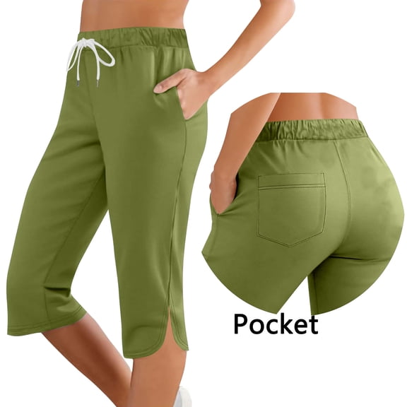 TaTaai Women's Sports Casual Capris Pants Slit Hem High Waist Elastic Drawstring Side Pockets Back Pockets Solid Color 7-Point Length Trousers Spring Summer Bottoms Gift
