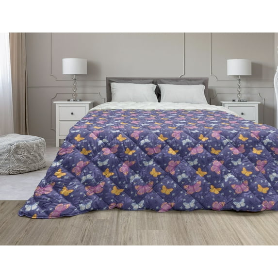 Butterfly Down Alternative Comforter, Exotic Moths Leaves and Flowers Herbs of Forest Plants Nature Flourish, Microfiber Quilt for All Season, 5 Sizes, Pink and Multicolor, by Ambesonne