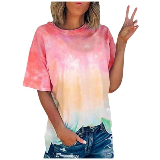 RKSTN Blouses pour Femmes Été T-Shirts Teinture sur Nœuds à Manches Courtes Col Rond Décontractés Amples, P-5TG