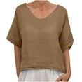 thumbnail image 2 of Fartey Oversized Cotton Linen T Shirts for Women 2025 Summer Solid Color Short Sleeve Tops Dressy Casual V Neck Tee Shirt Loose Breathable Beach Holiday Blouses Khaki 2XL, 2 of 9