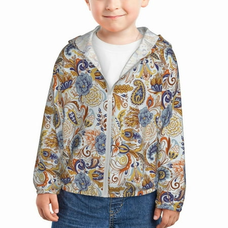 

Rash Guard for Boys Girls - Blue Yellow Flower Paisley Lightweight Long Sleeve Sun Protection Jacket Hooded Cooling Swim Shirt with Zipper for Toddler Kids Children