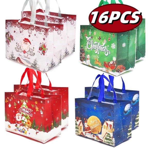 Christmas Gift Bags Large Christmas Gift Bag with Handle Reusable Christmas Tote Bags for Xmas Gifts Wrapping Xmas Party Supplies 12.6x9.8x6.7 inch 16Pcs