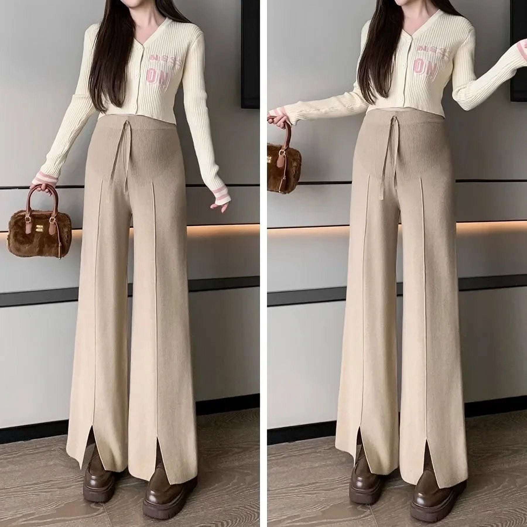 Maternity Wide Legs Trousers Front Split Long Loose Fashion Pregnant Woman Bellt Pants Pregnancy Knitting Boot Cut