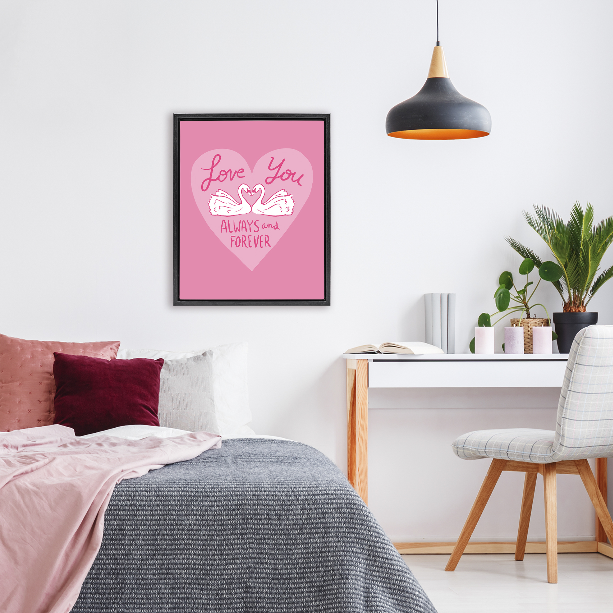 Always & Forever Swans Black Framed Floater Canvas Wall Art, design by Juliet Meeks