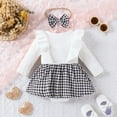 thumbnail image 2 of Newborn Infant Baby Girl Knitted Rib Plaid Ruffled Bodysuit Houndstooth Dress Romper with Headband 0-18M, 2 of 5