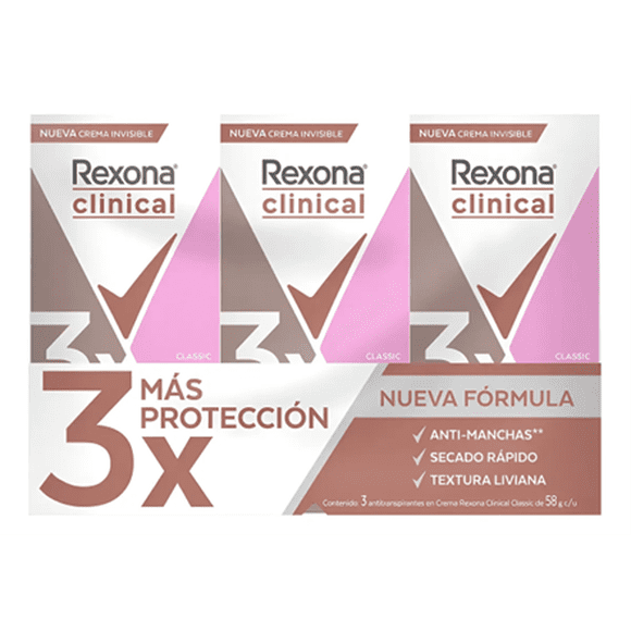 Antitranspirante en Crema Rexona Clinical Classic 3 pzas de 58 g c/u