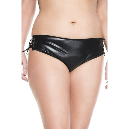 

Music Legs Plus size wet look side lace up crotchless panty Style 10019