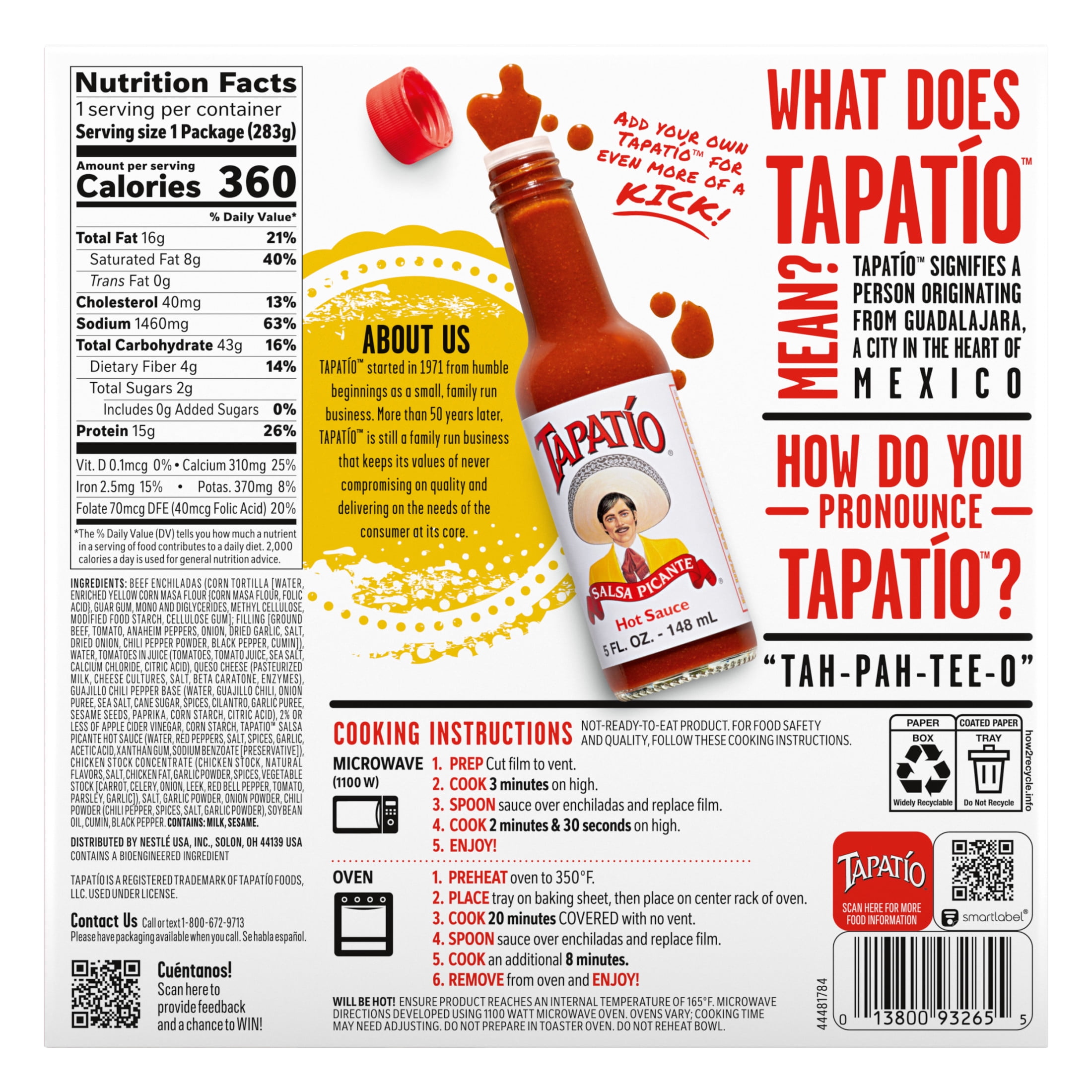 Tapatio Beef Enchiladas Mexican Microwave TV Dinner with Tapatio Hot Sauce Entree Food Meal, 10 oz (Frozen)