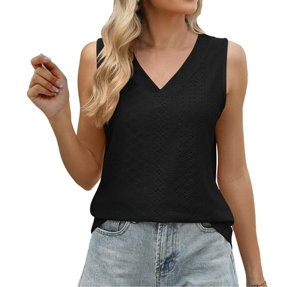 Dyfzdhu Tank Tops for Women Trendy Loose Solid Color V Neck Sleeveless Shirts Summer Tops Black