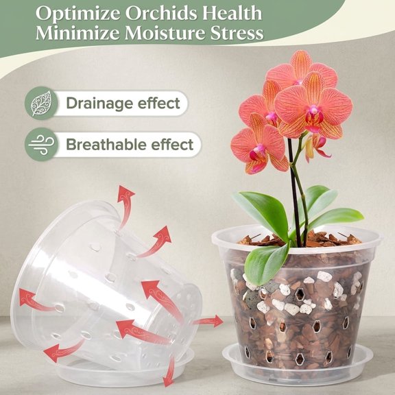 6 Pack 4 Inch Clear Orchid Pots with Holes and Saucers, Breathable Slotted Plastic Planters with Drainage for Indoor Outdoor Orchid Repotting