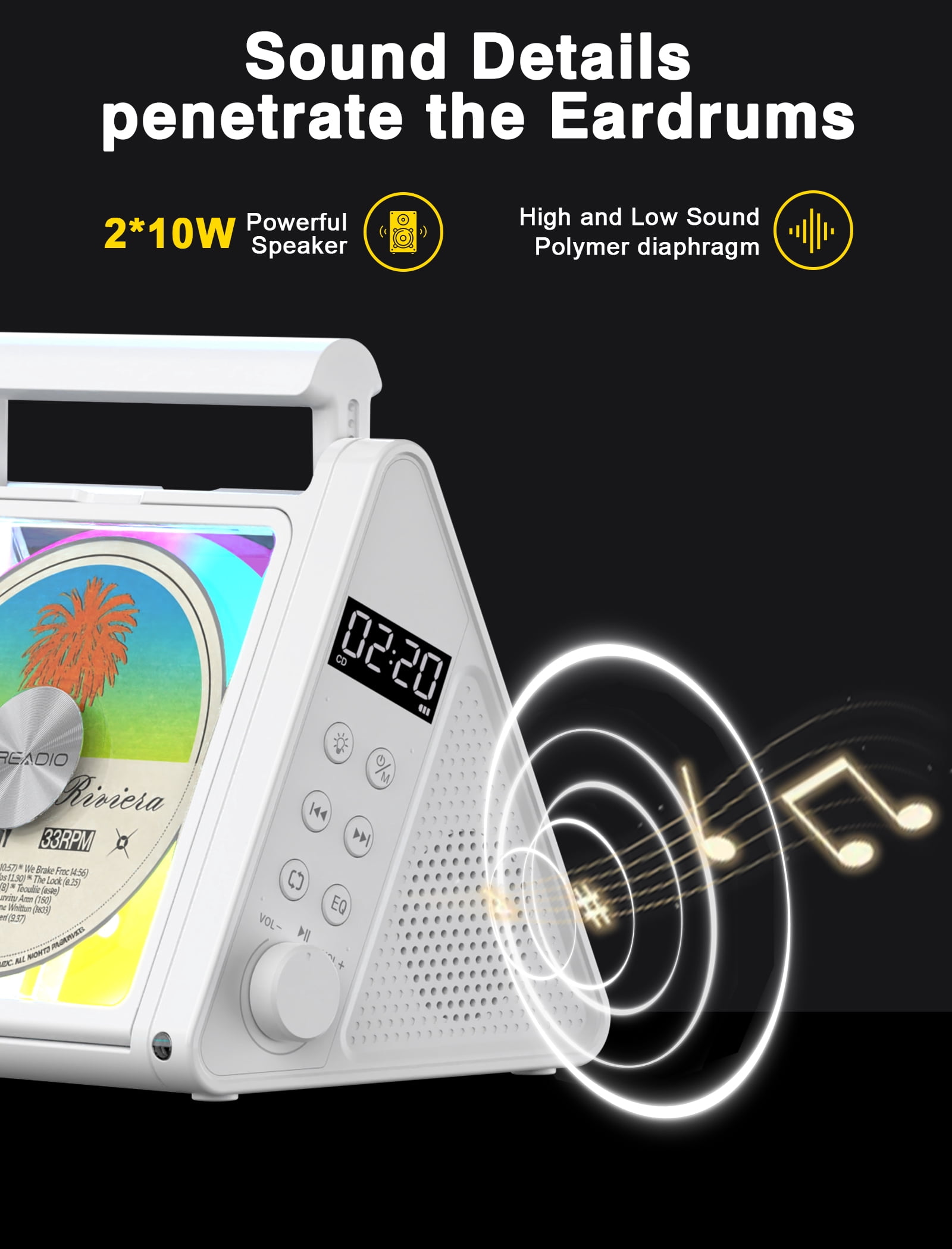 Greadio Portable CD Player with 20W Speaker, 4000mAh Rechargeable Bluetooth CD Player with Battery,Triangle Design Speaker with Remote Control