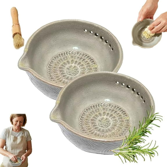 Handmade Garlic Grater & Herb Bowl,2-in-1 Stoneware Kitchen Grater Plate Tools,Efficient Stoneware Herb Stripping Tool,5 Hole Sizes,with Drainage Port