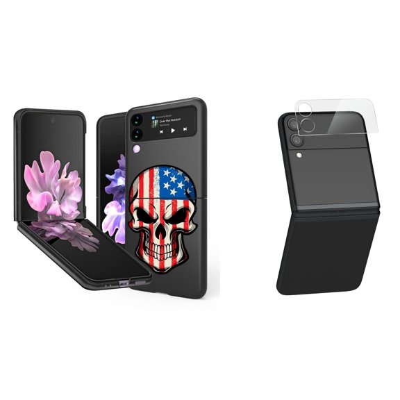 Bemz Premium Bundle for Samsung Galaxy Z Flip 3 5G: Slim Snap-On Protector Case (American Skull), Rear Camera Glass Protector
