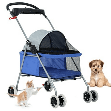 Stroller 4 Wheels Posh Folding Waterproof Portable Travel Cat Dog Stroller with Cup Holder,Blue