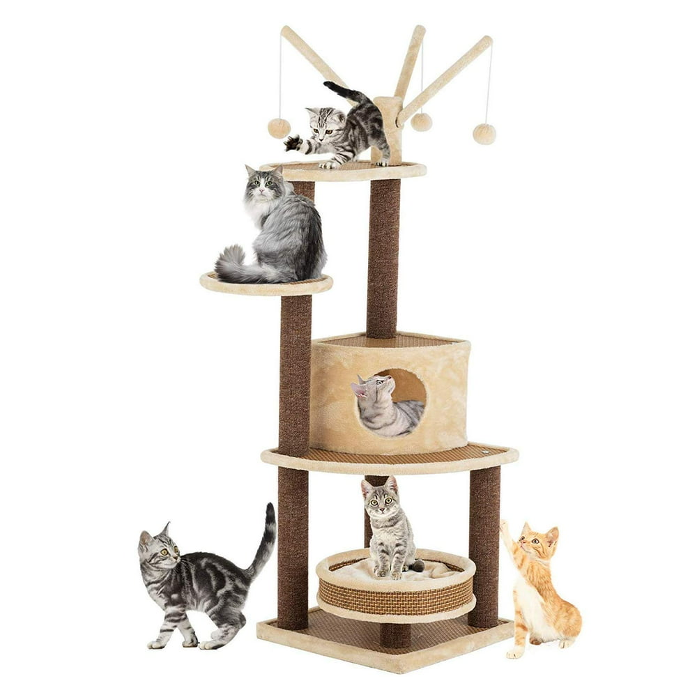 SUNCOO Rattan Mat Style Cat Tree, 59 Inch Modern Cat Furniture, Kitten Activity Climbing Tower