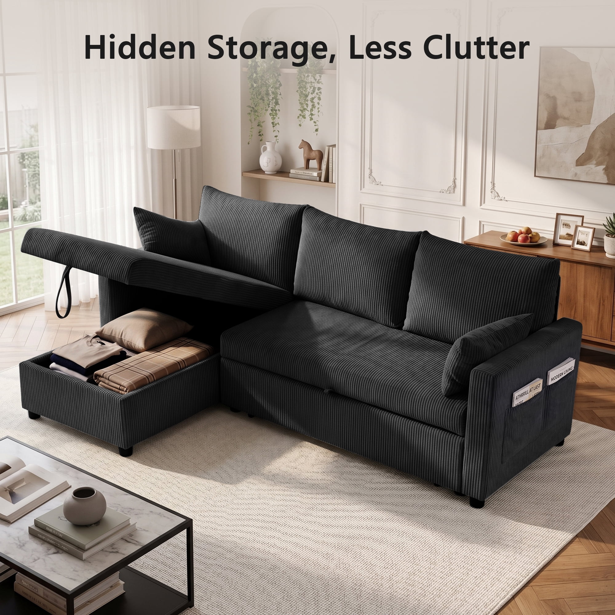 Xiweot Convertible Sectional Sleeper Sofa Bed, 85" L Shaped Couch with Pull Out Bed, Side Pockets & Storage Chaise, Corduroy 3 Seater Sectional Couch for Living Room Apartment (Black)