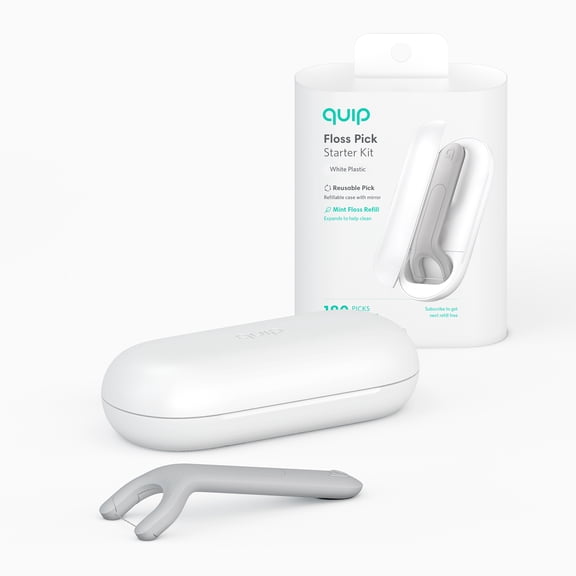 Quip Refillable Dental Floss Picks, Reusable Pick   Preloaded Dispenser, White Plastic, Mint