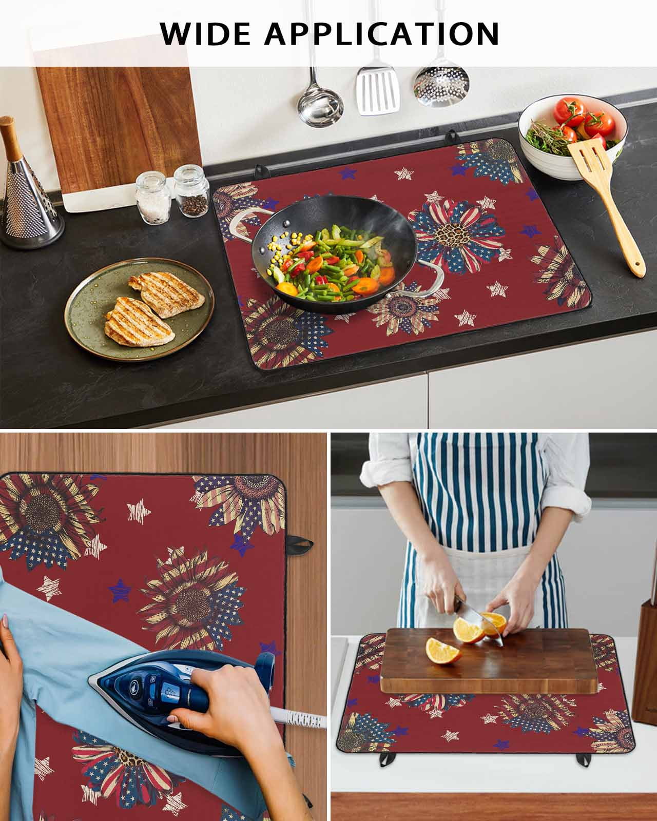 nqOlkjepod Large Induction Cooktop Protector Mat 36"x21", Independence Day Stove Top Covers for Electric Stove, Red Stars Stripes Sunflower Modern Stove Burner Cover Mats, Glass Top Stove Cover