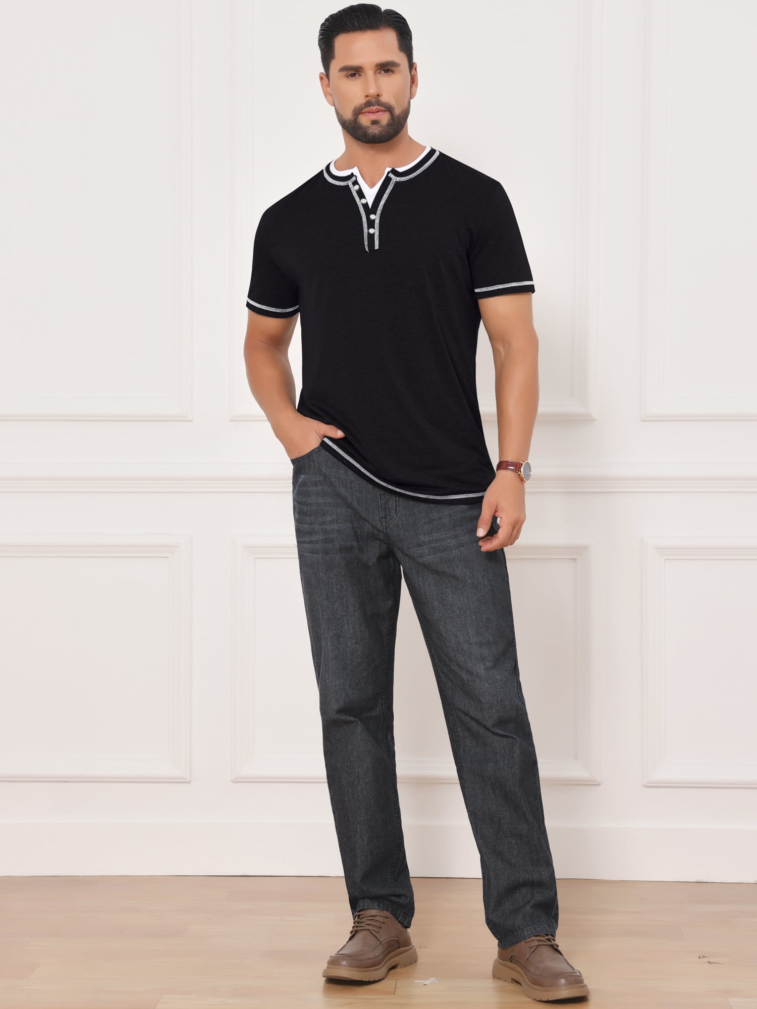 DARING DIVA Men's Henley V-Neck Colorblock Button Down Short Sleeve T-Shirt XL Black