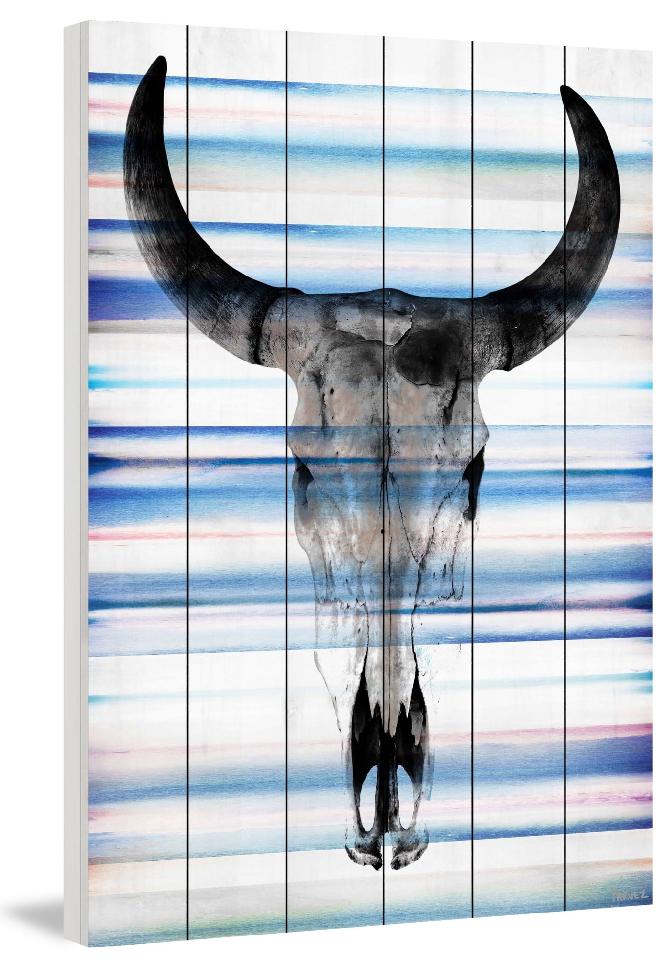 Parvez Taj Pt-Wnpw-123-Ww-45 45" x 30" "Long Skull Face" Art Print On White Wood