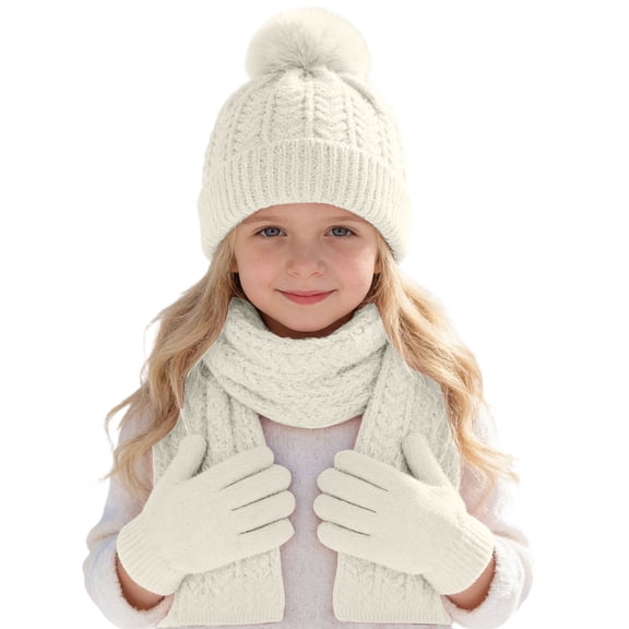 BRICH Kids Winter Hat Gloves Scarf Set Hat Beanie with Pom Winter Knit Neck Mittens for Girls Toddlers White One Size