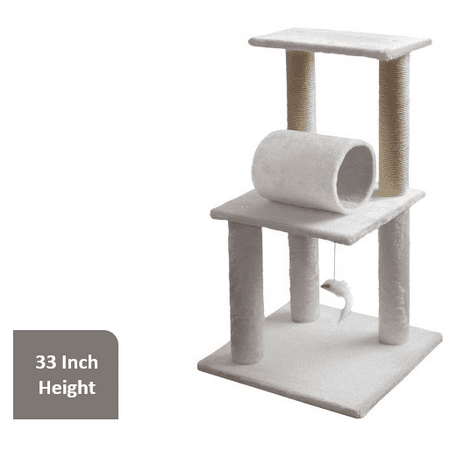 Premium White Cat Tree Cat Scratcher With Hanging Toy 33 H