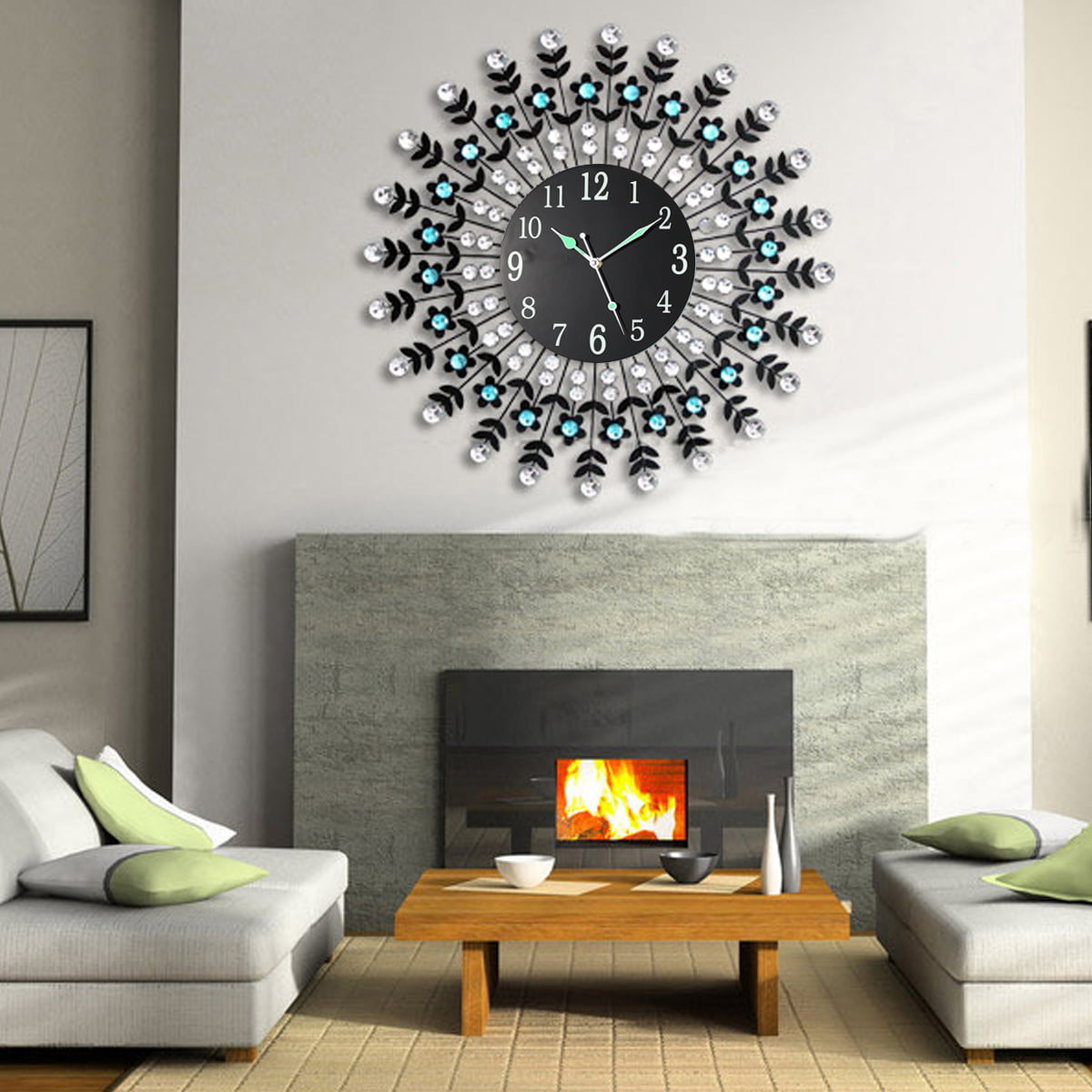 Hot New Large Wall Clock 3D Home Room Office Decor black glass wood grand modern 