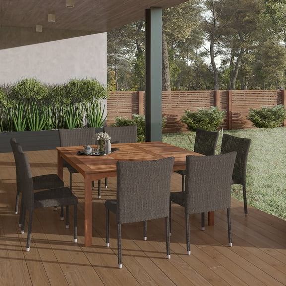 Amazonia Provence 9-Piece  Solid Wood 100% FSC and Eco-Friendly Wicker Square Patio Dining