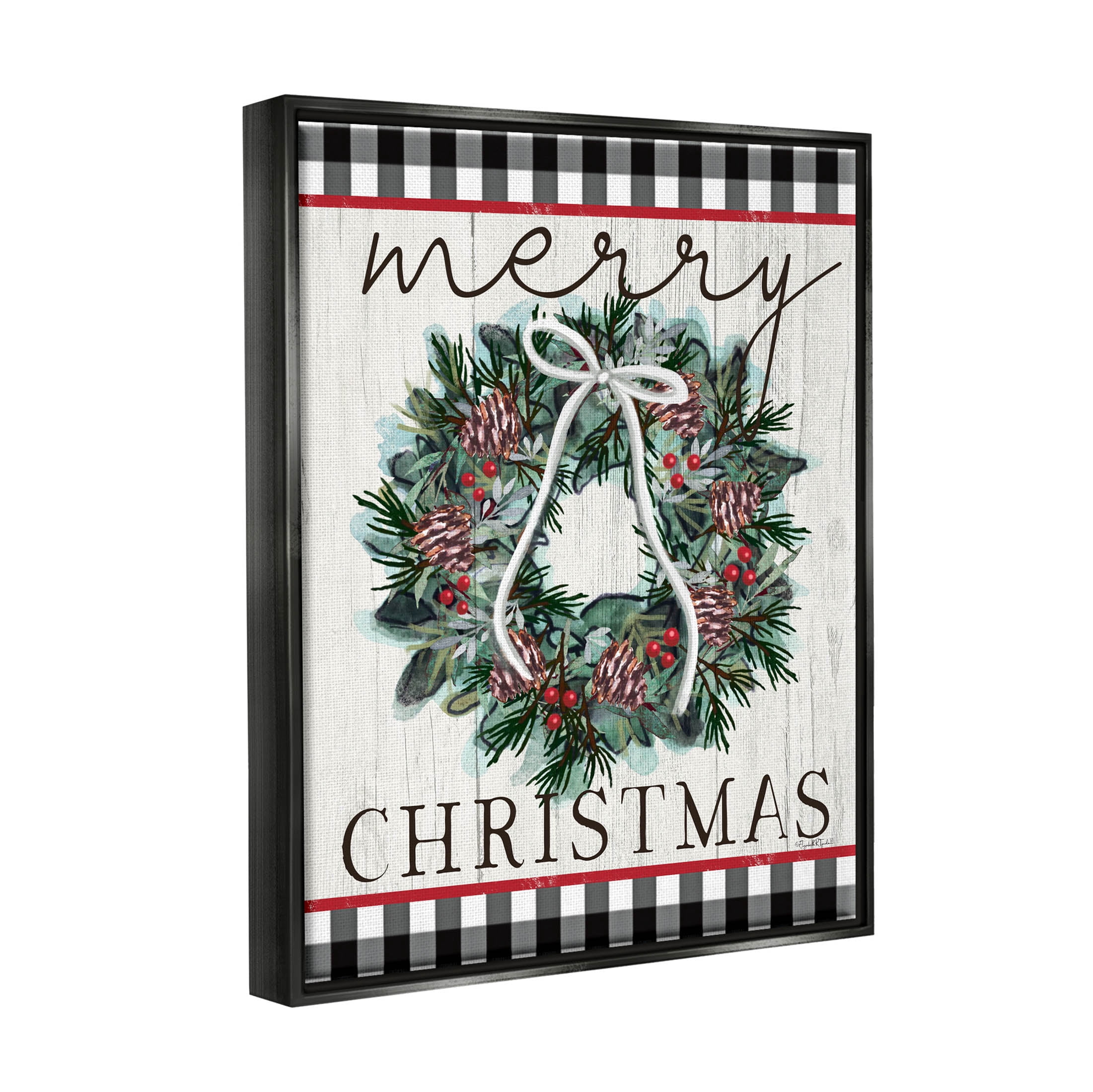 Stupell Industries Merry Christmas Tartan Wreath Graphic Art Jet Black Floating Framed Canvas Print Wall Art, Design by Elizabeth Tyndall