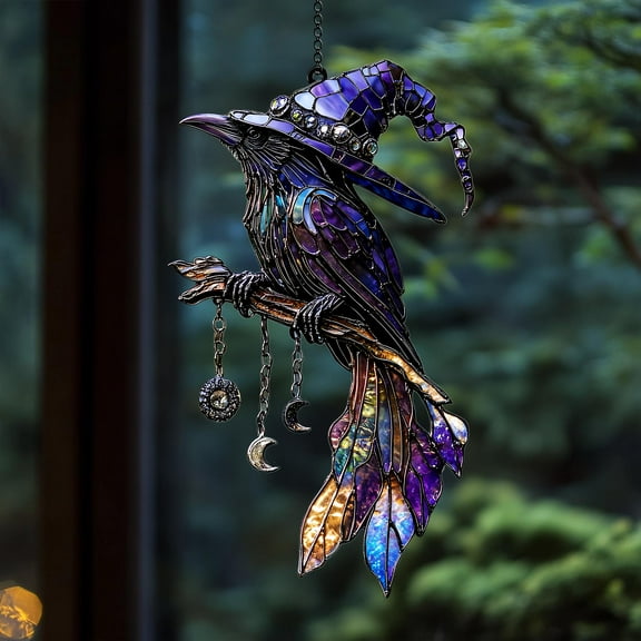 Wizard Raven Acrylic Suncatcher, Cosmic Crow Faux Stained Glass Window Hanging, Witch Hat Moon Phases Gift Halloween Gift