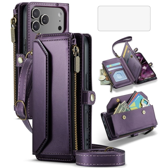 Asuwish Compatible with iPhone 17 Pro 6.3 inch Zipper Wallet Phone Case Tempered Glass Screen Protector Crossbody Lanyard Strap Flip Card Holder Slot Cell Cover for i Phone17 i17 17Pro Women Purple