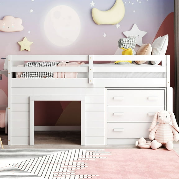 UWR-Nite Twin Size Solid Wood Low Loft Bed with 3-Drawer Cabinet/Shelf/Built-in Ladder and Full-Length Guardrails, No Spring Box Needed