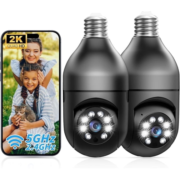 Jqimn 2Pcs Light Bulb Security Camera, 2.4G&5GHz 2K Security Cameras Wireless Outdoor Indoor, Full Color Day and Night, Motion Detection, Audible Alarm, Easy Installation, Compatible with Alexa