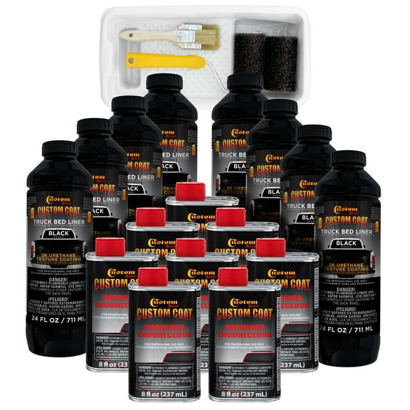 Custom Coat Black 2 Gallon Urethane Roll-On, Brush-On or Spray-On Truck Bed Liner Kit with Roller and Brush Applicator Kit - 3 to 1 Mix Ratio
