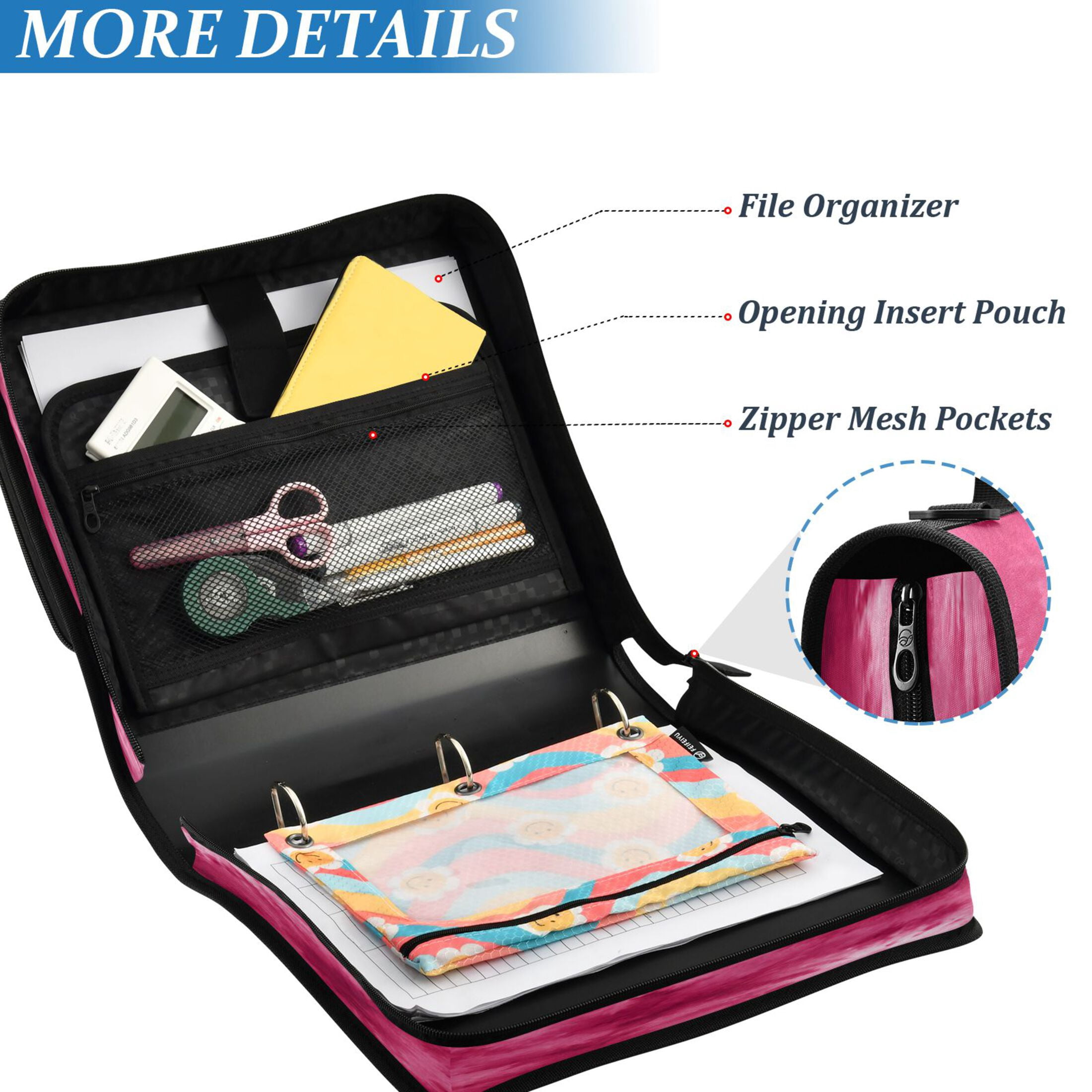 Zipper Binder 3 Rings Stationery Office Files Daily Organizer File Folder Storage Bag Rose Red Tie-dye Pattern