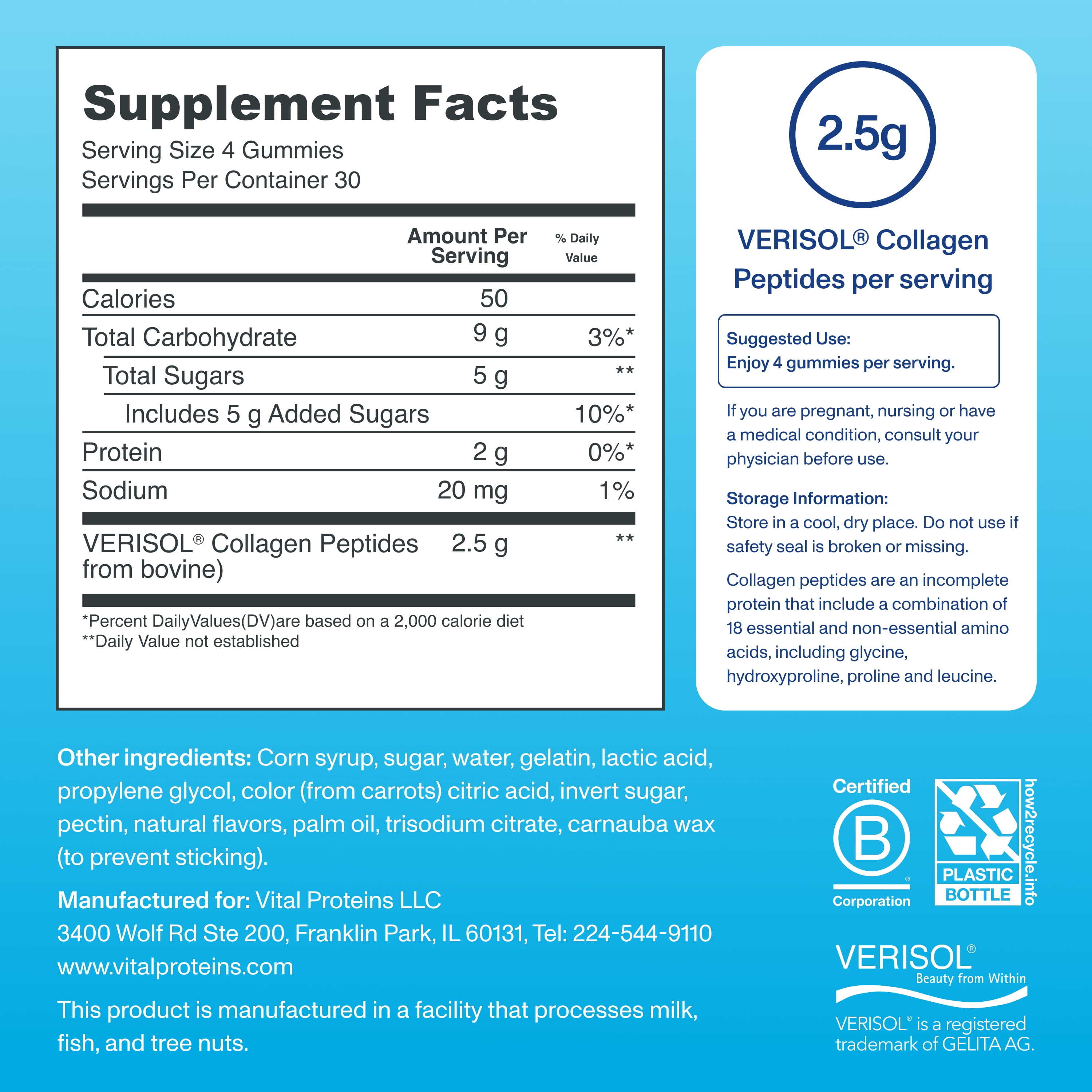Vital Proteins Collagen Peptides Joint Supplement Gummies for Hair, Skin, and Nails, Grape, 120 Count