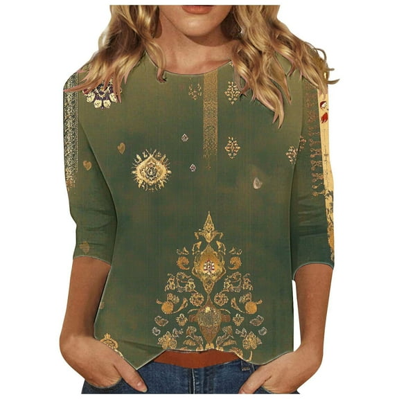 CYMMPU 3/4 Sleeve Blouses for Women Dressy Casual Tunic Tops Flower Printed Fall Trendy Shirts Loose Fit Round Neck Spring Tops Lightweight Basic Tees Green XL