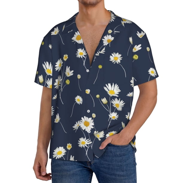 Balery Daisies Flowers Camisa Casual de Manga Corta con Botones para Hombre, Texturizada, Estilo Cubano, para Playa, Verano-4X-Large