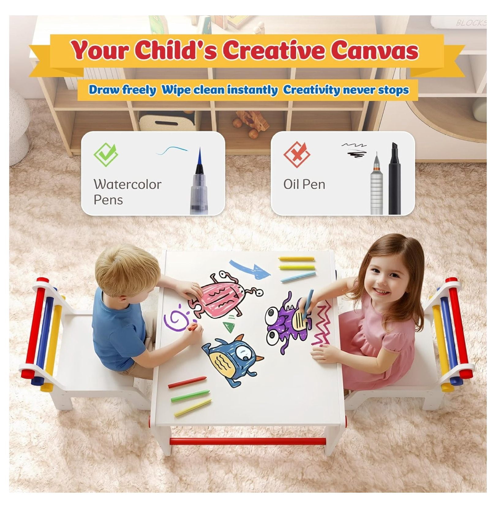 Kids Table and Chair Set 4-in-1 with Storage, Wooden Activity Table for , Arts, Drawing, Reading, Toddler Furniture for Playroom, , Gift for Boys & Girls (Age 3+)