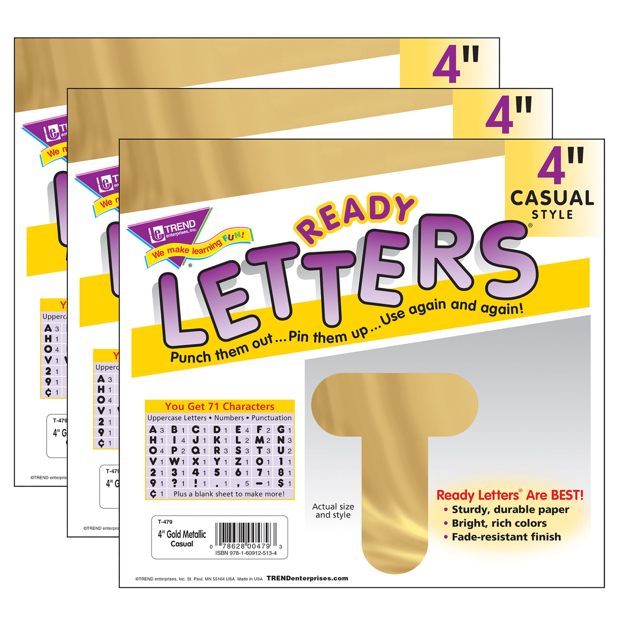 TREND Gold Metallic 4-Inch Casual Uppercase Ready Letters, 216 Pieces