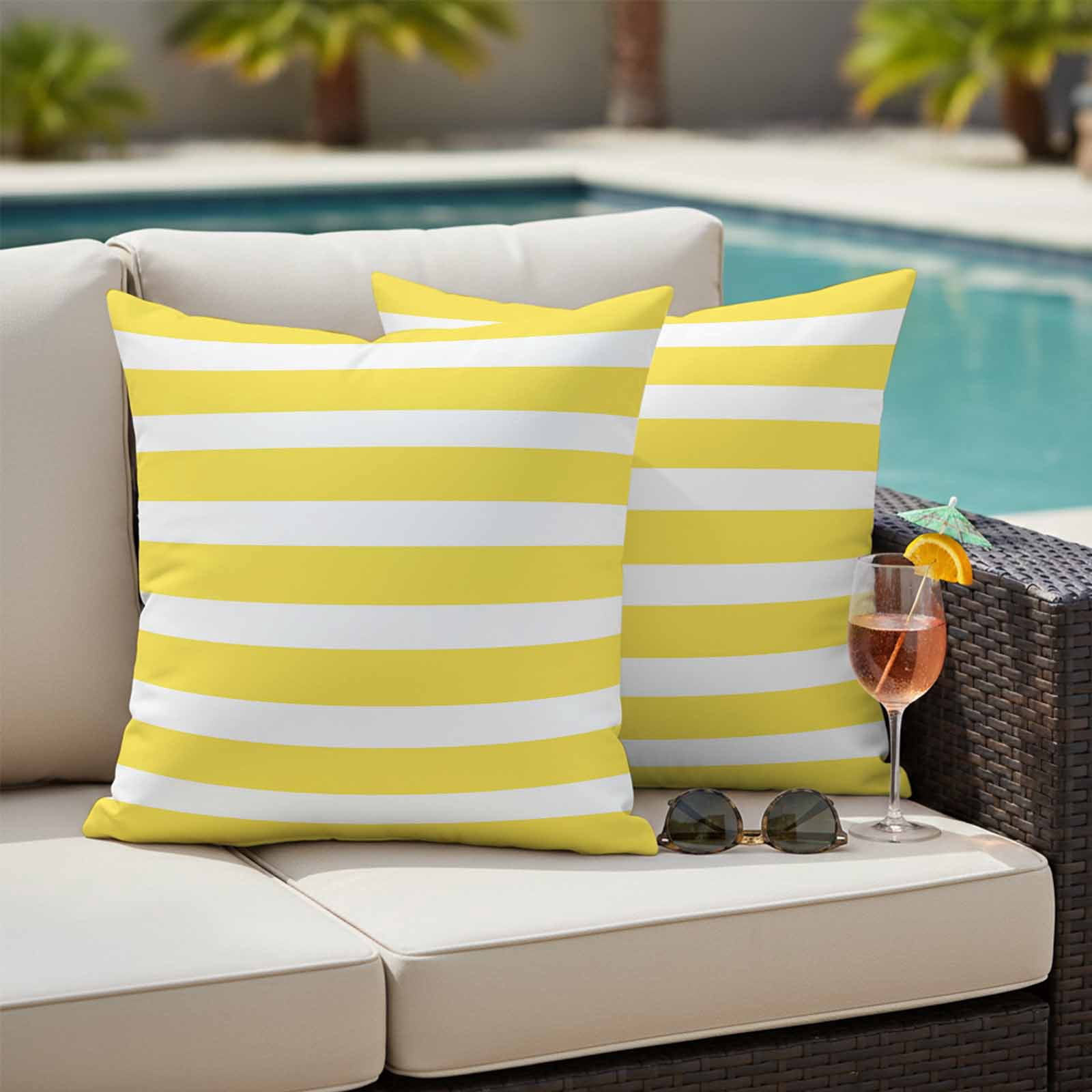 Yellow Striped Outdoor Waterproof Pillow Covers, Modern Simple Monochrome Geometric White Decorative Square Throw Pillowcase Sofa Cushion Sham for Patio/Couch/Chair, 20"x20" 2 Pack
